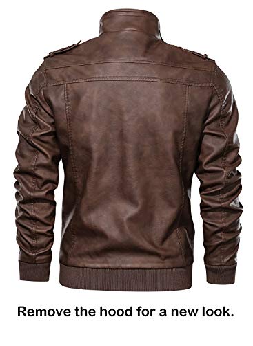 Stand Collar Faux Leather Zip-Up Bomber Jacket with Removable Hood Q502502