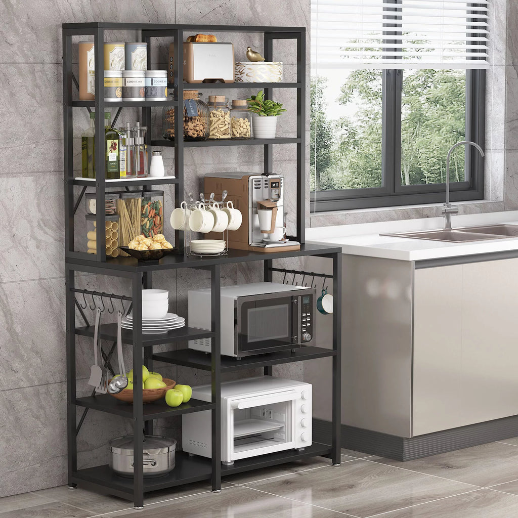 Black Kitchen Bakers Rack with Hutch M794448
