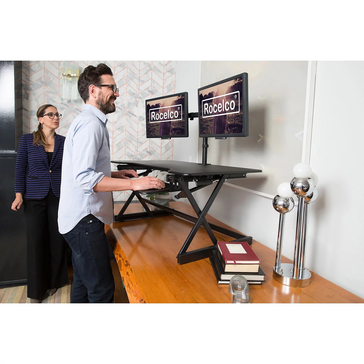 40" Adjustable Standing Desk Converter Dual Monitor Mount Teak Wood J975136