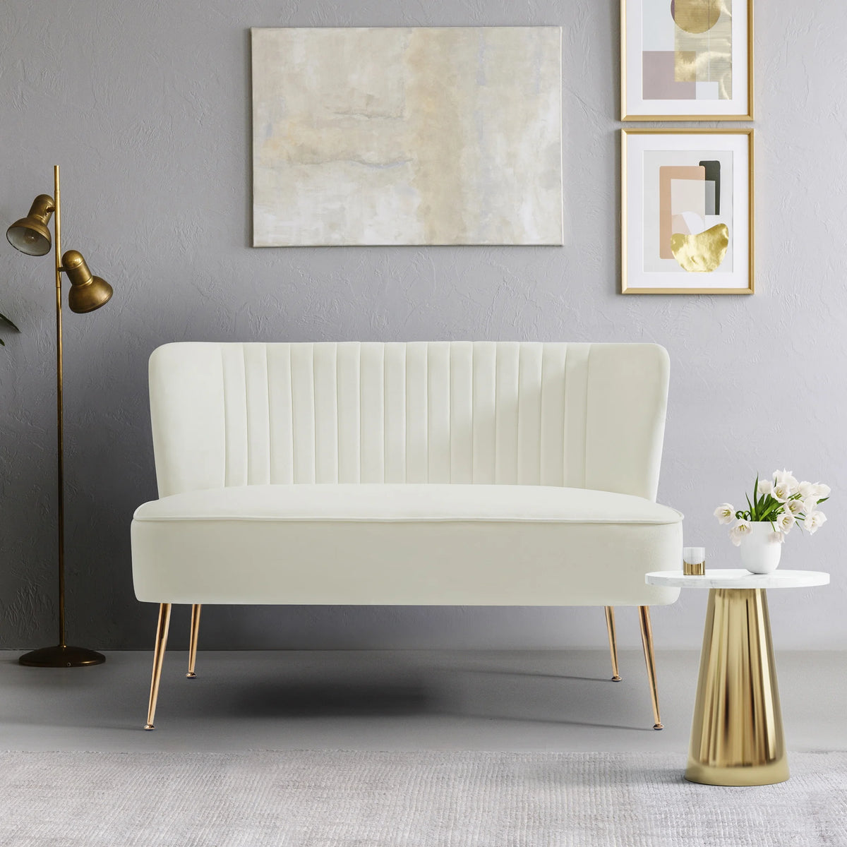 46" Wide Ivory Velvet Upholstered Love Seat Sofa V195952