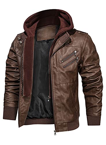 Stand Collar Faux Leather Zip-Up Bomber Jacket with Removable Hood Q502502
