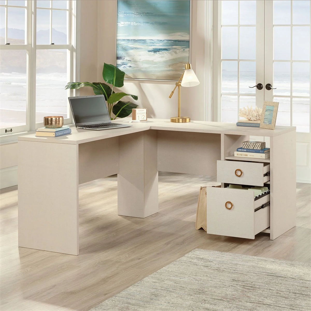 L-Desk in Dove Linen/Off White Finish W510