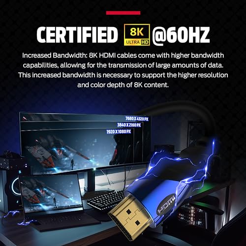 8K HDMI Cable with 24K Gold Contacts, 48 Gbps, 12 FT T7631