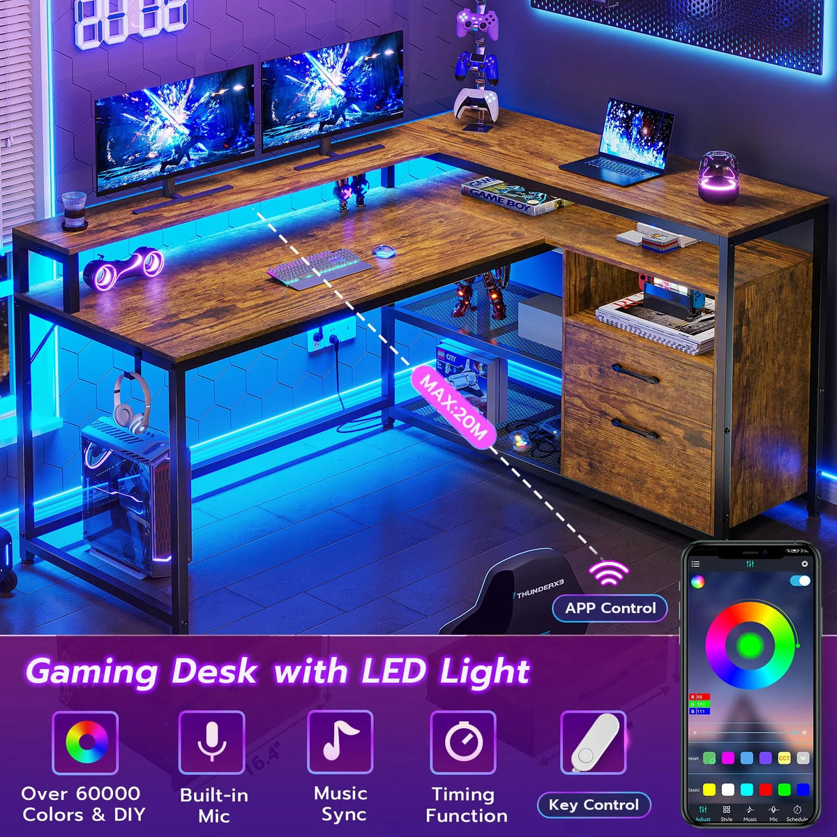 Brown L Shaped Computer Desk with LED Lights and 2 Drawers J62224