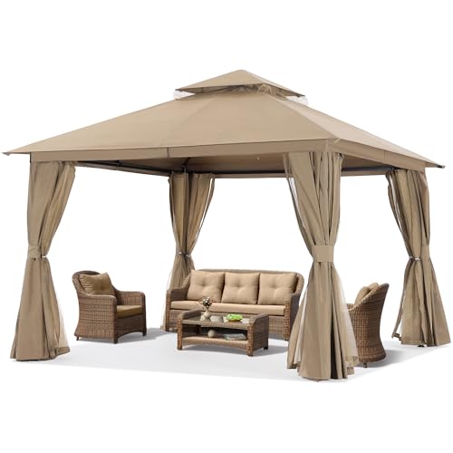Dark Grey 9x9 Double Roof Patio Gazebo with Mosquito Netting and Curtain T171091