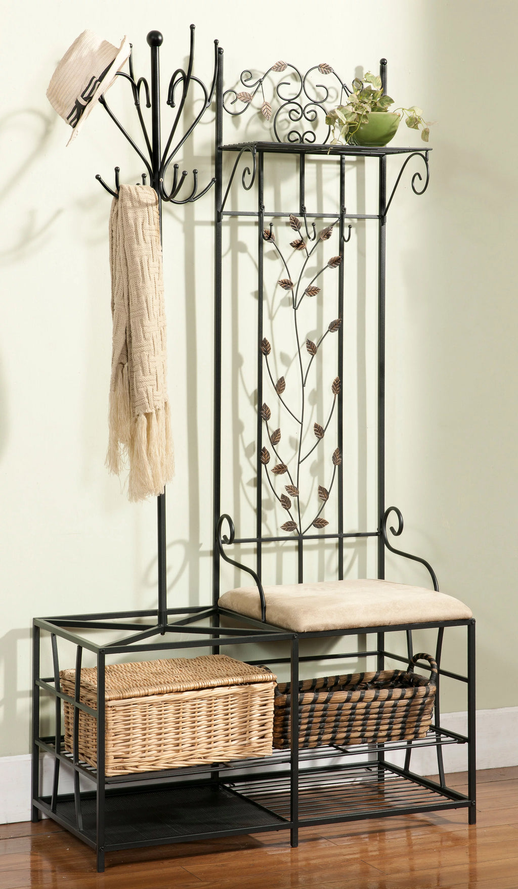 Black Metal Coat & Hat Rack with Bench and Umbrella Stand Z6808