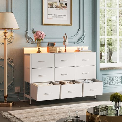 Black 9 Drawer Fabric Dresser with LED Lights and Charging Station E4963