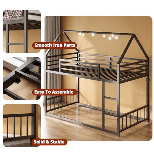 Twin Over Twin Bunk Bed with Ladder and Guardrail Black X638283