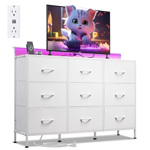 Black 9 Drawer Fabric Dresser with LED Lights and Charging Station E4963