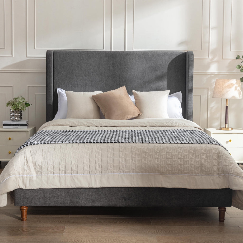Queen Size Upholstered Platform Bed Frame with Wingback Headboard Z7406