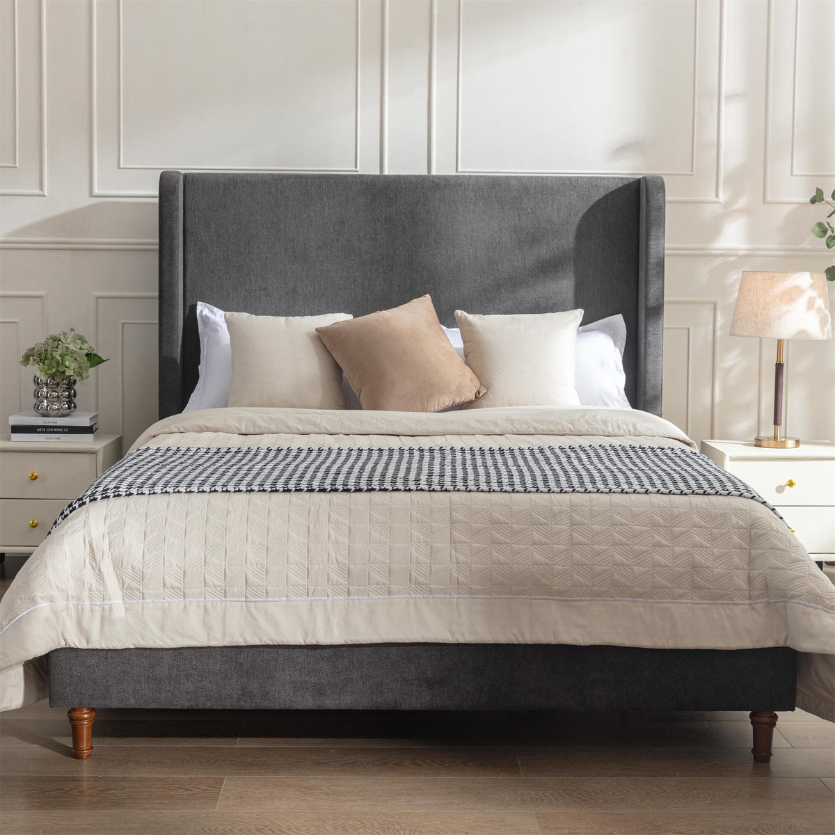 Queen Size Upholstered Platform Bed Frame with Wingback Headboard Z7406