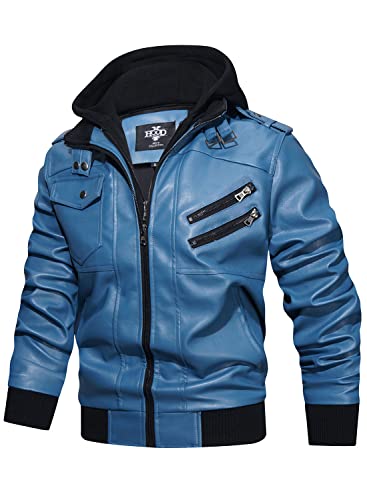 Stand Collar Faux Leather Zip-Up Bomber Jacket with Removable Hood Q502502