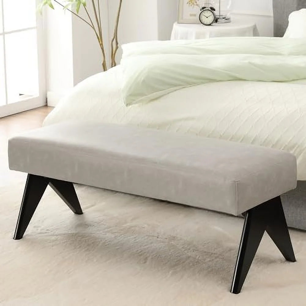 White Upholstered Ottoman Bench with Wood Legs C584
