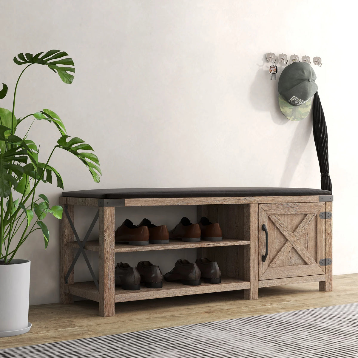 Light Brown 2-Tier Shoe Storage Bench with Cushion Seat C774864