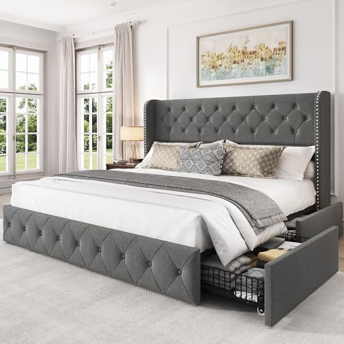 King Size Linen Upholstered Bed Frame with 4 Storage Drawers G846