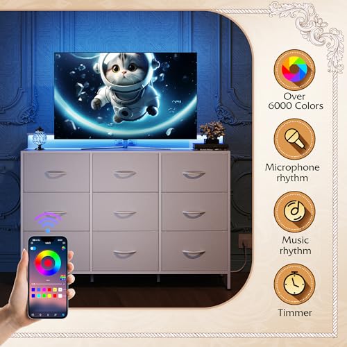 Black 9 Drawer Fabric Dresser with LED Lights and Charging Station E4963