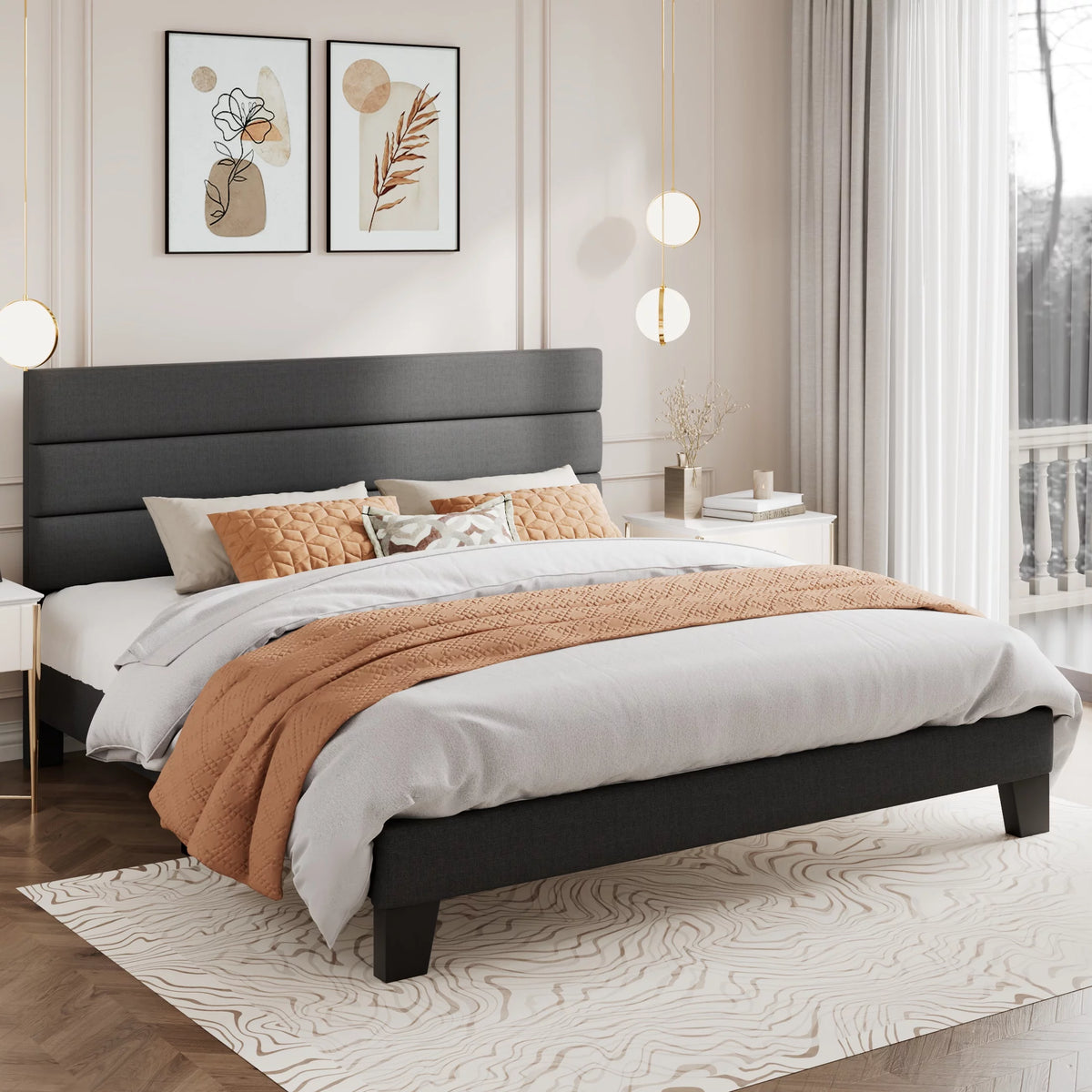 Queen Size Black Velvet Upholstered Platform Bed Frame with Headboard X15335