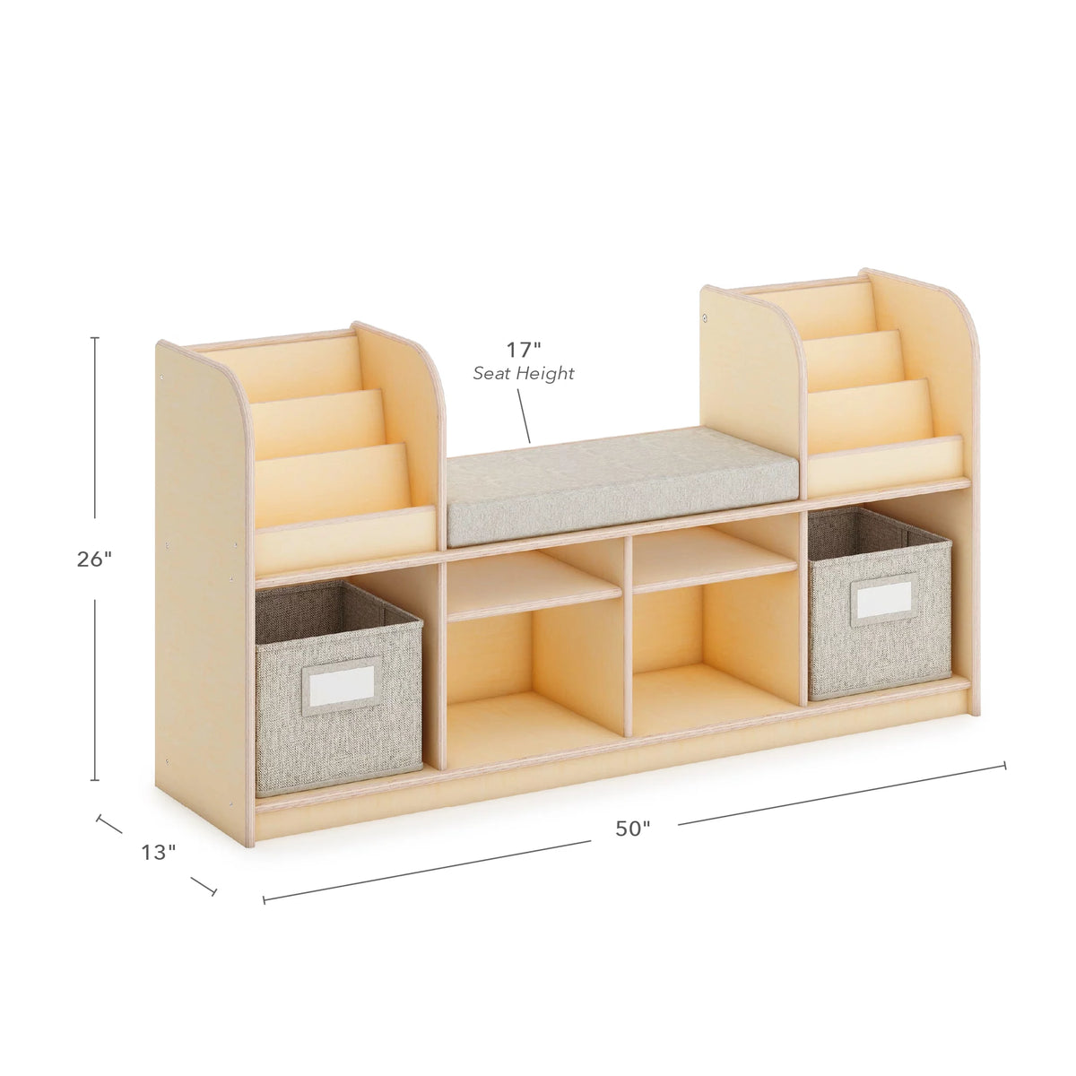 Natural Kid's Book and Toy Storage Reading Bench with Fabric Bins A691