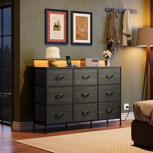 Black 9 Drawer Fabric Dresser with LED Lights and Charging Station E4963