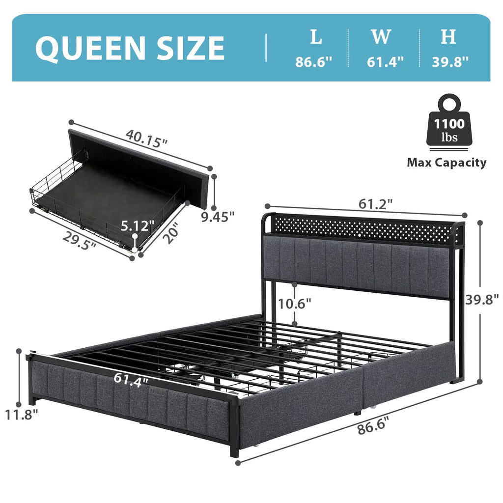 Queen Size Upholstered Platform Bed with LED Headboard and 4 Drawers L27831