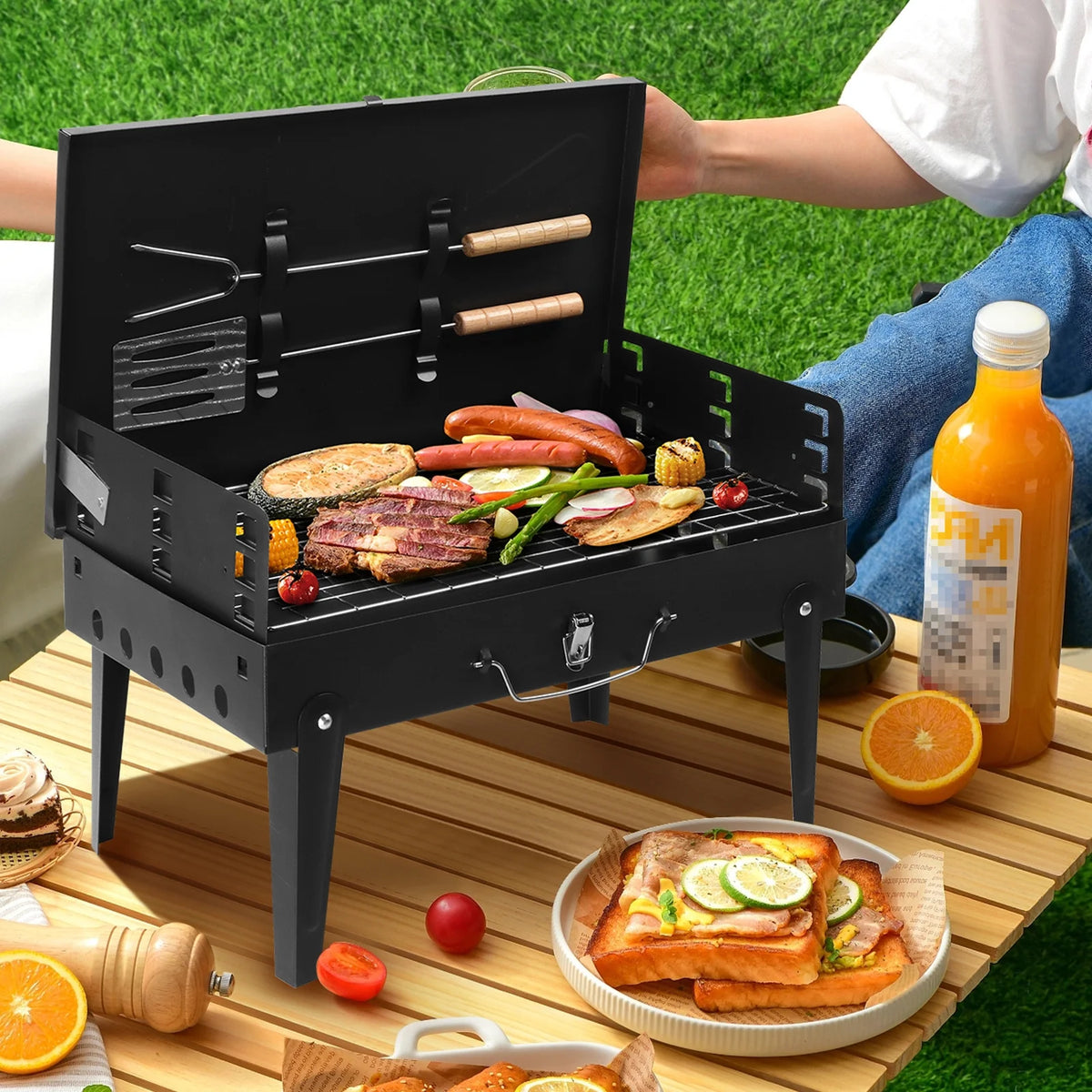 Portable Square Charcoal Grill with Fork and Shovel, Black O4999