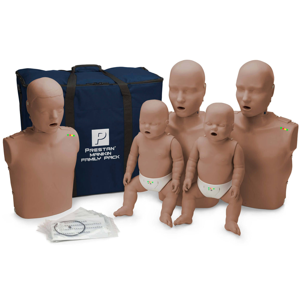 2 Adult Manikins, 1 Child Manikin and 2 Infant Manikins with CPR Monitors and Dark Skin Tone I266828