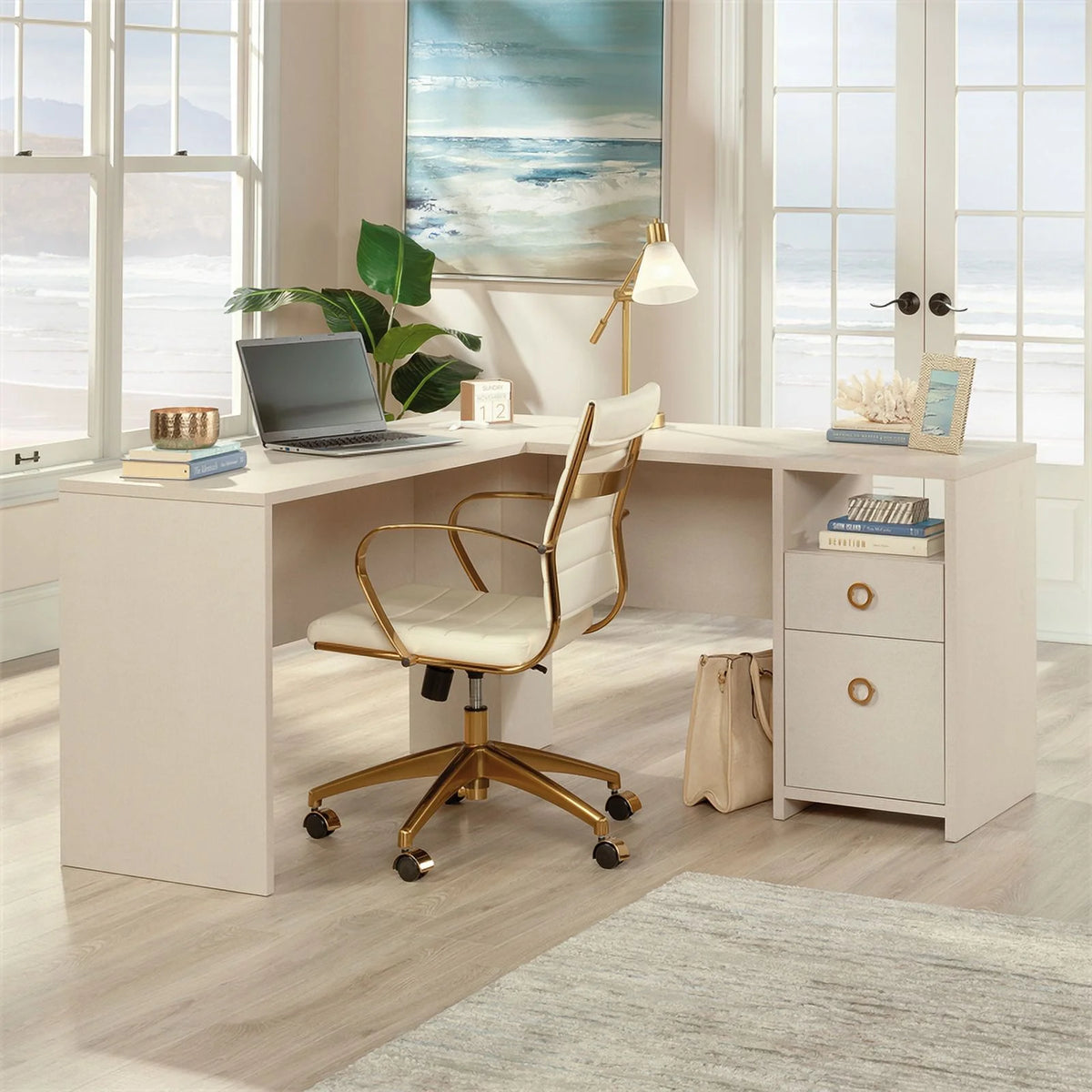 L-Desk in Dove Linen/Off White Finish W510