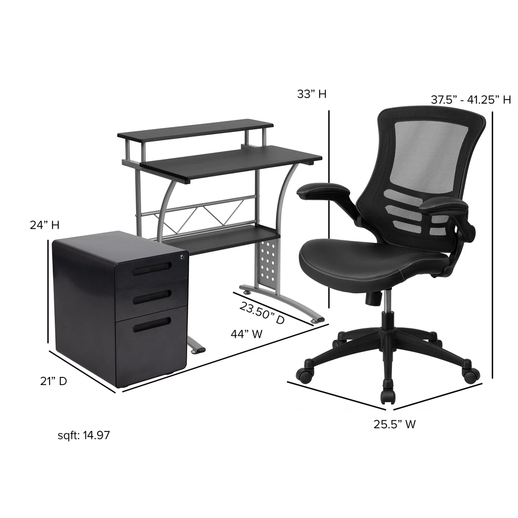Black Computer Desk, Ergonomic Mesh Office Chair and Locking Mobile Filing Cabinet G33142