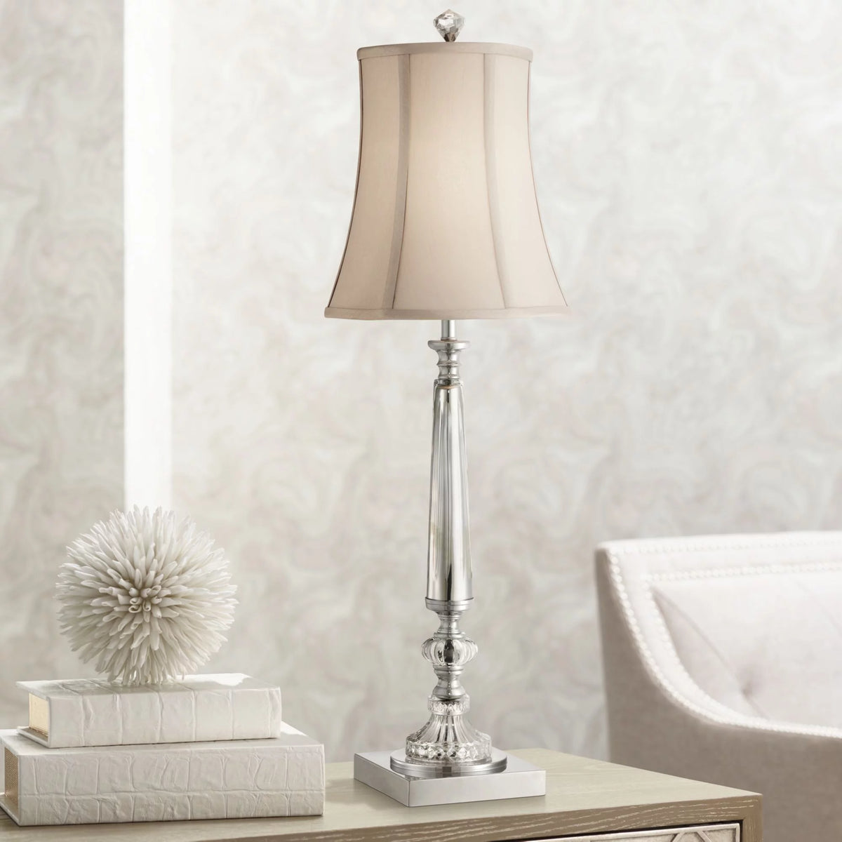 Traditional Buffet Table Lamp 32" Tall Clear Crystal Taupe Bell Shade C75242