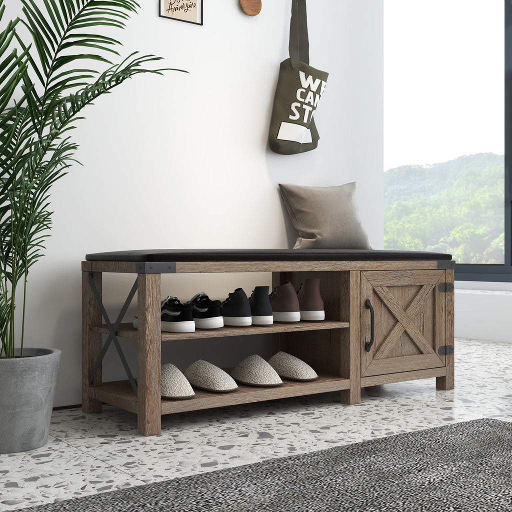 Light Brown 2-Tier Shoe Storage Bench with Cushion Seat C774864
