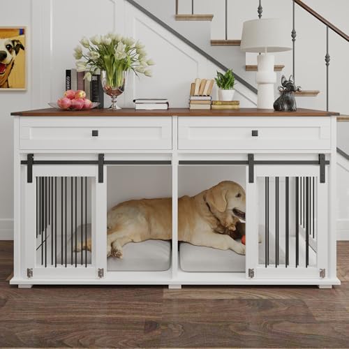 White Wooden Dog Crate Furniture with 2 Storage Drawers I65319