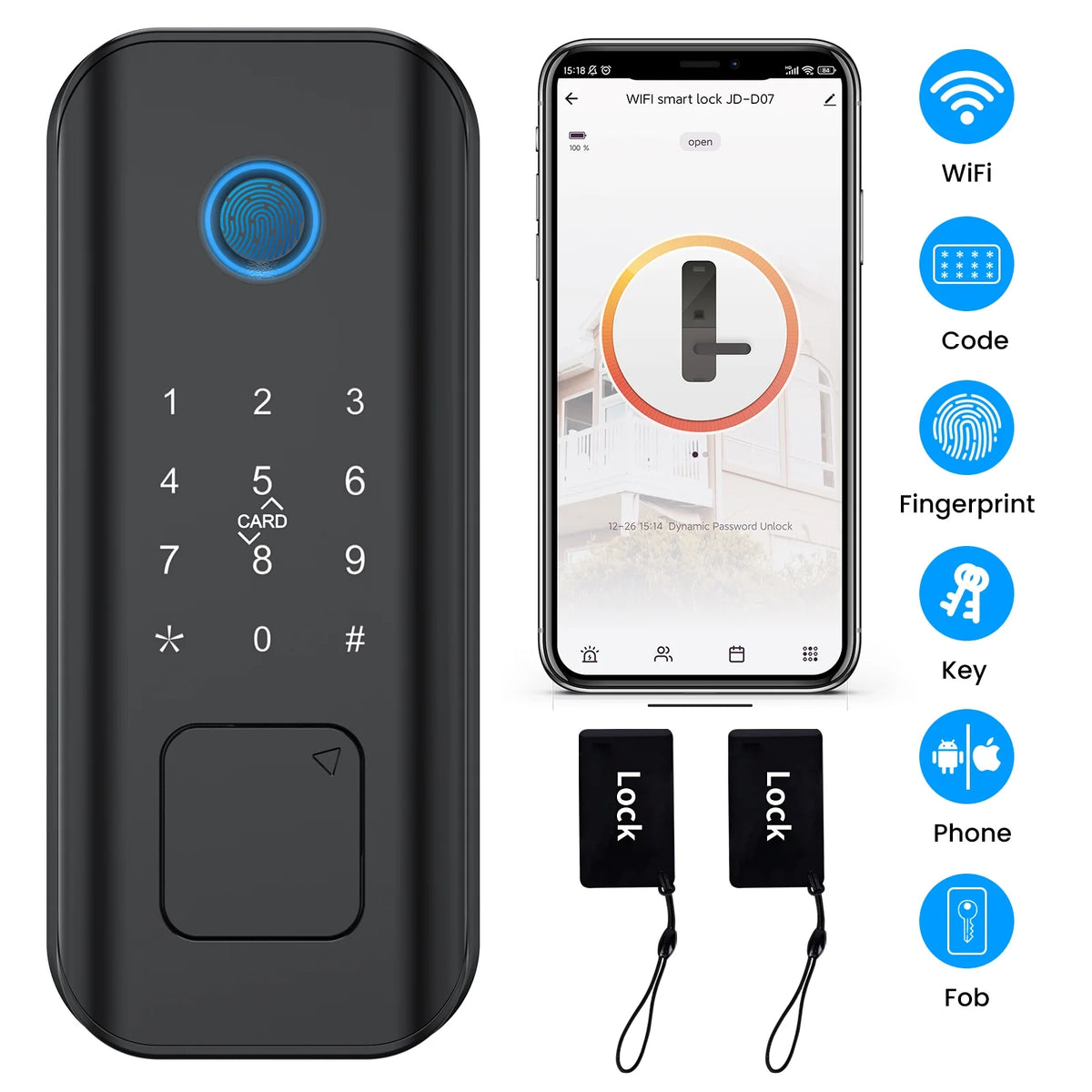 Smart Lock Fingerprint Keyless Entry Wi-Fi Deadbolt Touchscreen Keypad IP65 Waterproof Matte Black A555847