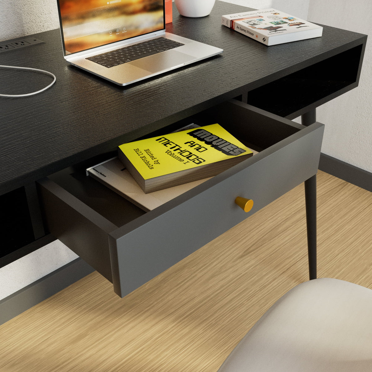Black Writing Desk with Power Outlet and Drawer T559635