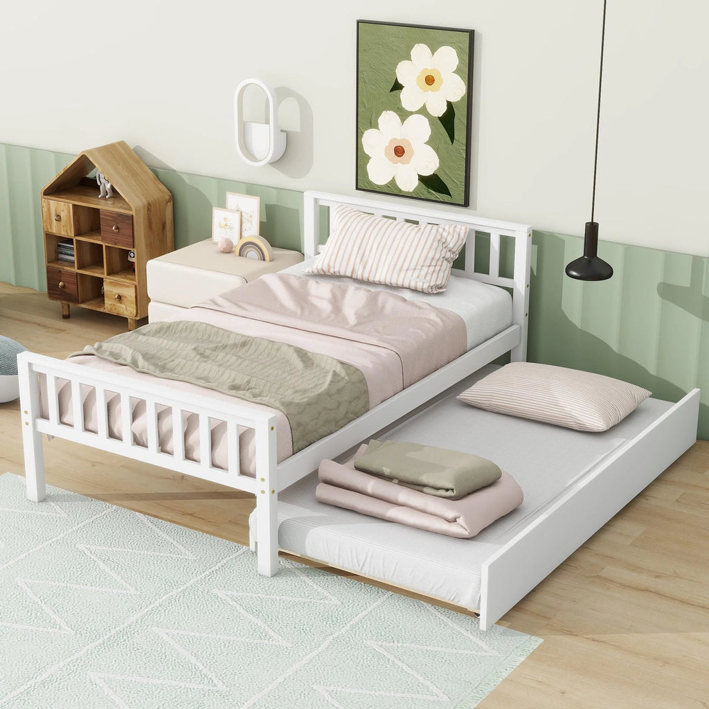 Twin Size Wood Platform Bed with Trundle and Headboard T665