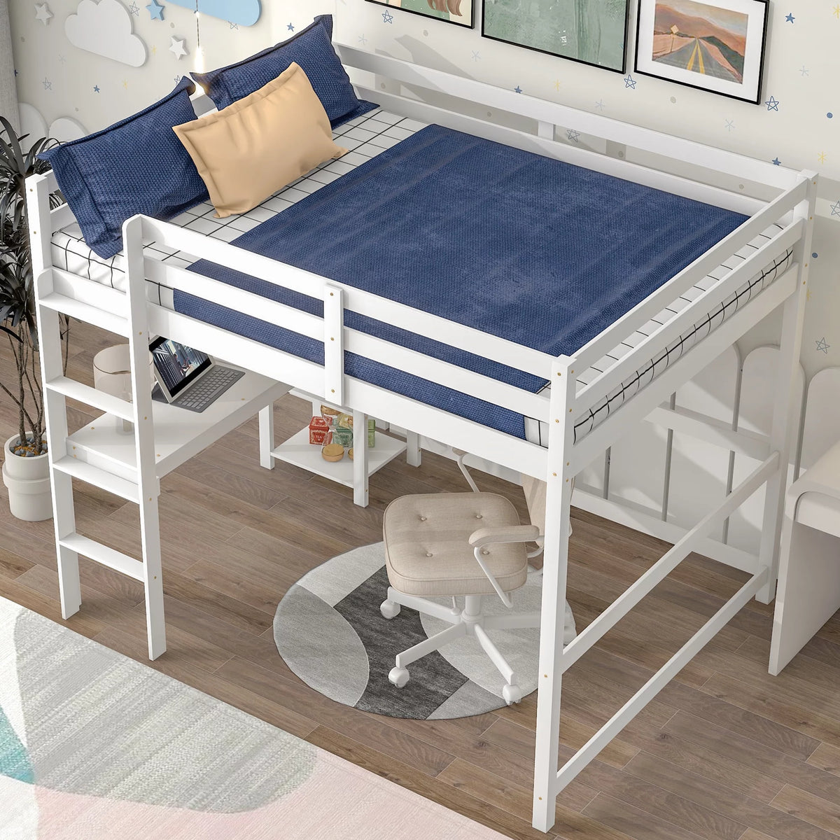 White Loft Bed with Desk and Shelves G343250
