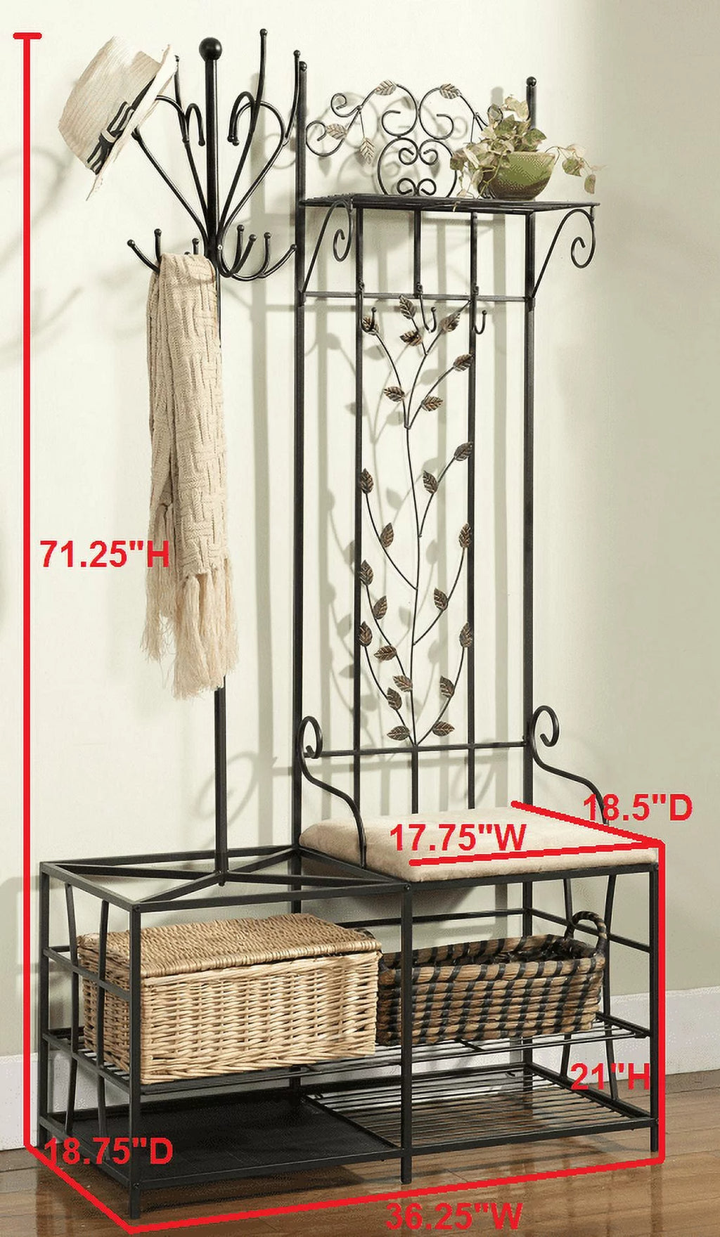 Black Metal Coat & Hat Rack with Bench and Umbrella Stand Z6808