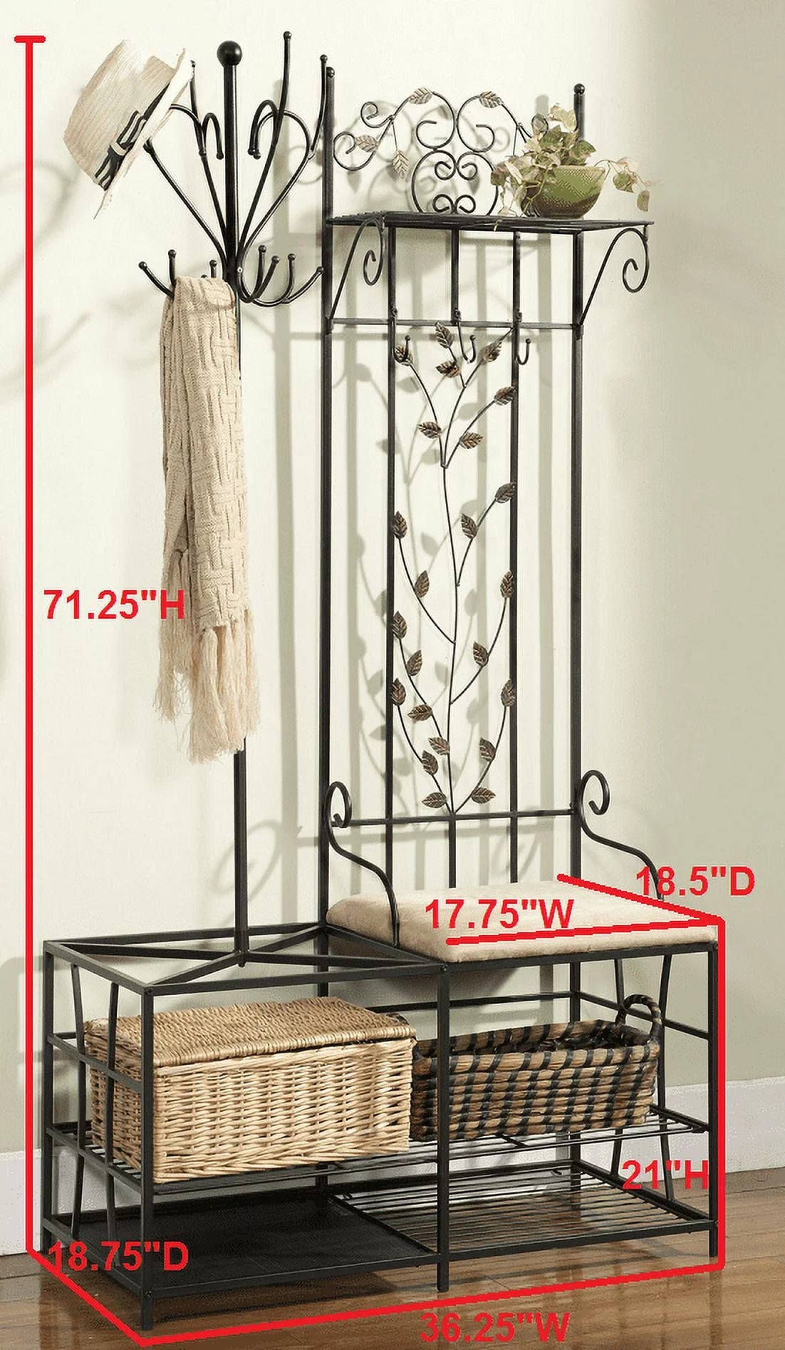 Black Metal Coat & Hat Rack with Bench and Umbrella Stand Z6808
