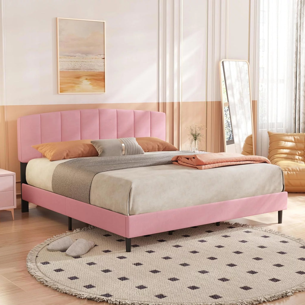 King Size Upholstered Platform Bed Frame with Headboard, Pink K738969