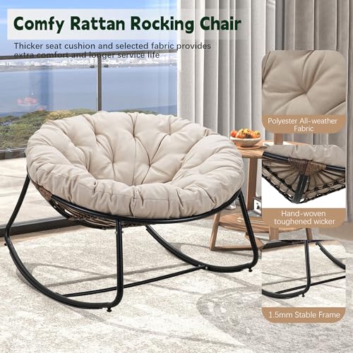 Oversized Wicker Rocking Chair with Beige Cushion R571