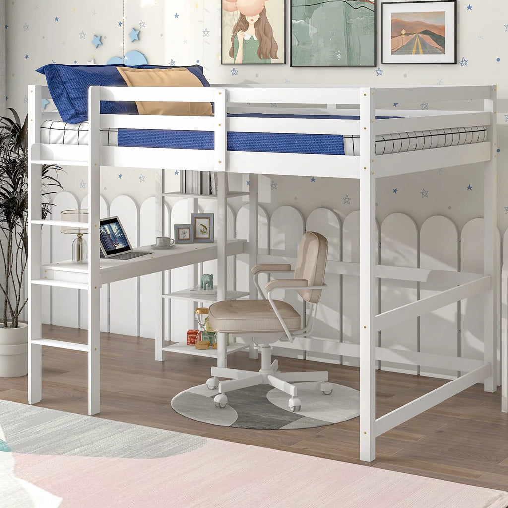 White Loft Bed with Desk and Shelves G343250