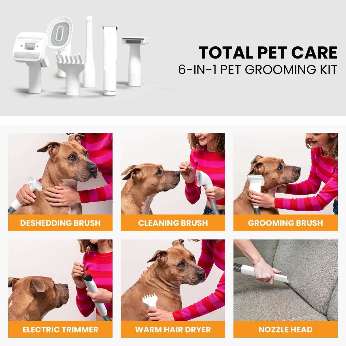 3-in-1 Pet Grooming Kit Vacuum Suction Dryer Clipper 6 Tools 4L U3211