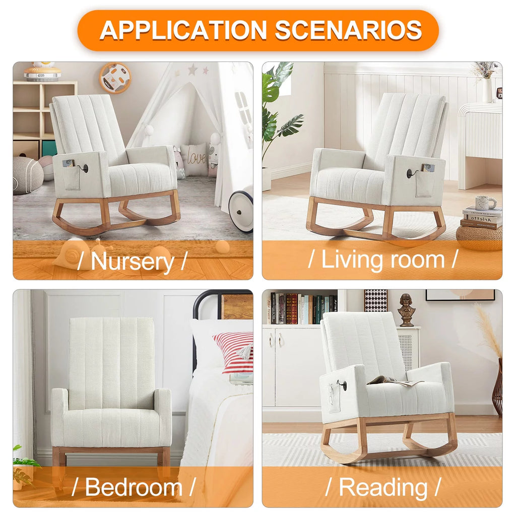 Mid-Century Rocking Nursery Chair with USB Ports and Storage Pockets H962