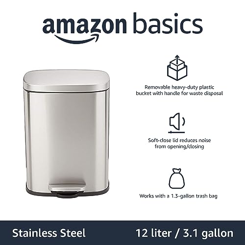 Rectangular Trash Can with Soft-Close Foot Pedal, Brushed Stainless Steel, 30 litre T962266