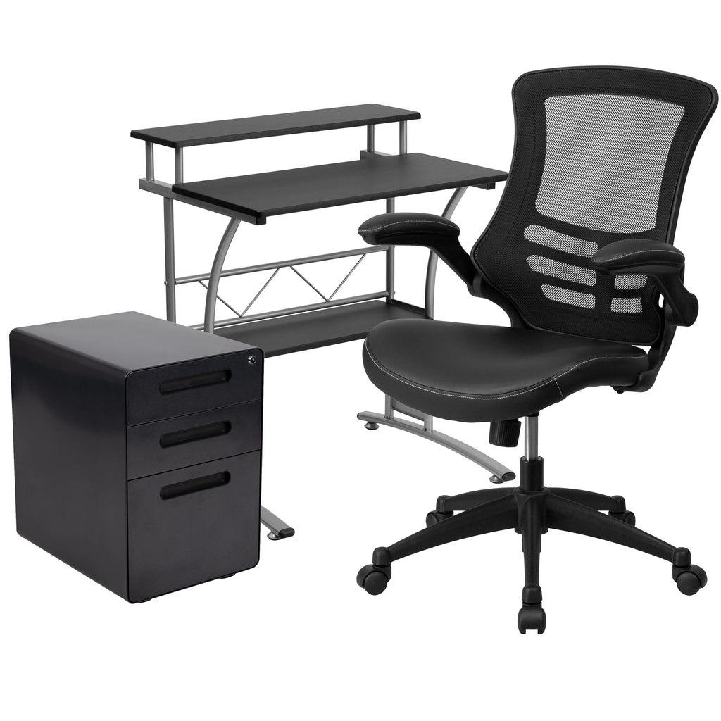 Black Computer Desk, Ergonomic Mesh Office Chair and Locking Mobile Filing Cabinet G33142
