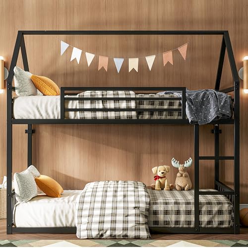 Twin Over Twin Bunk Bed with Ladder and Guardrail Black X638283
