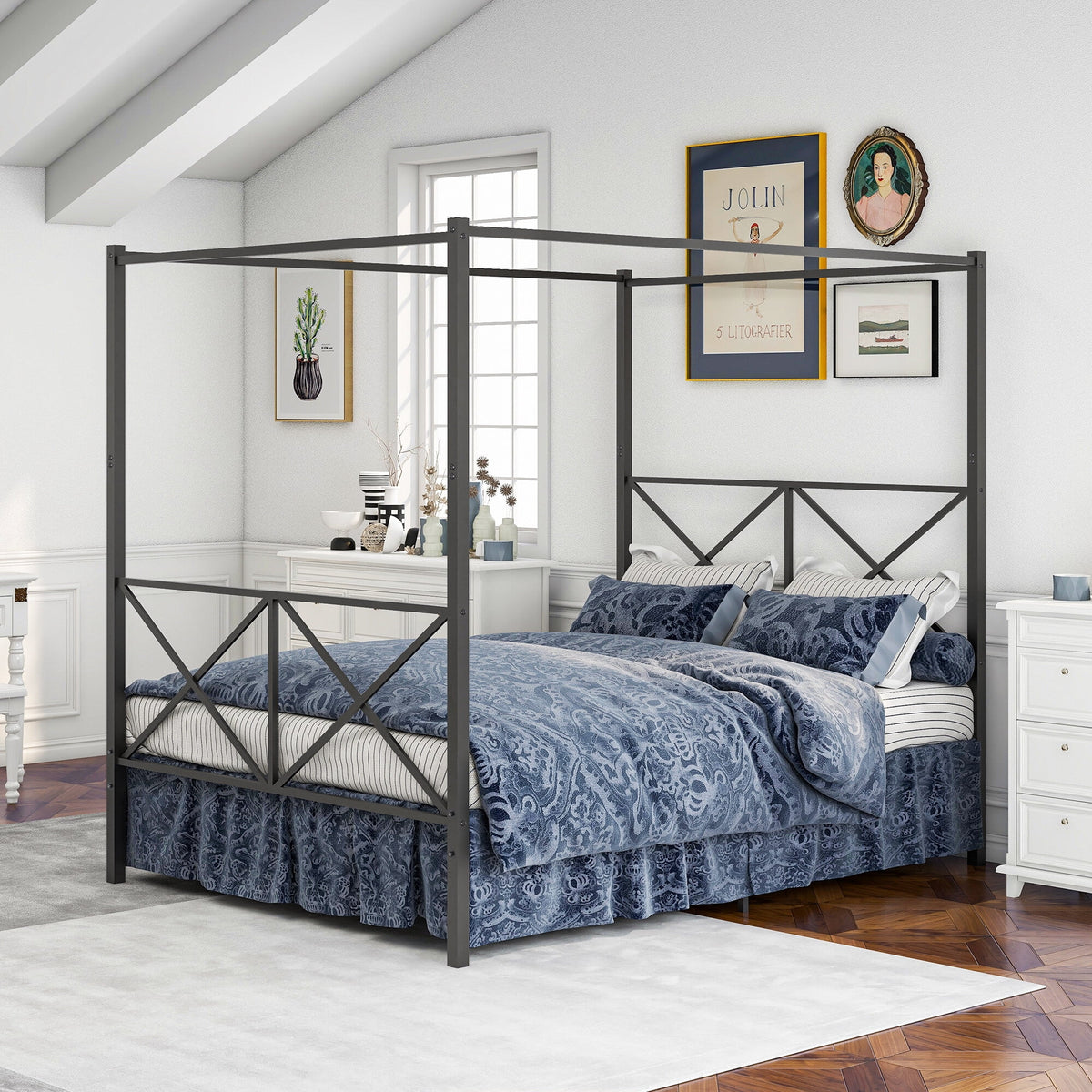 Queen Black Metal Canopy Platform Bed Frame R255