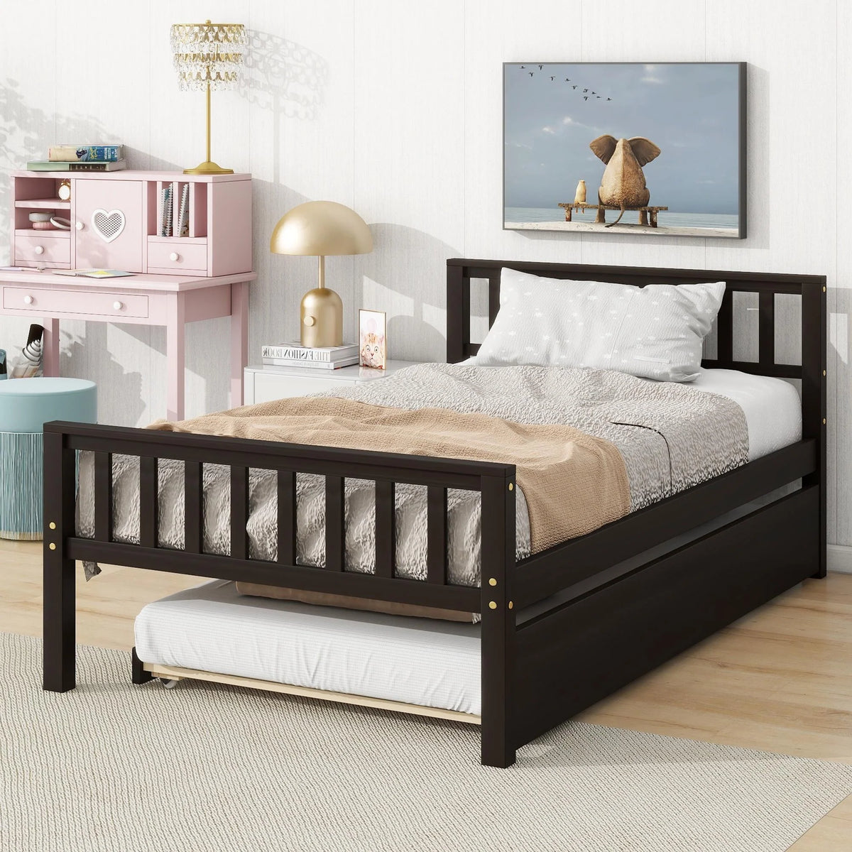 Twin Size Wood Platform Bed with Trundle and Headboard T665