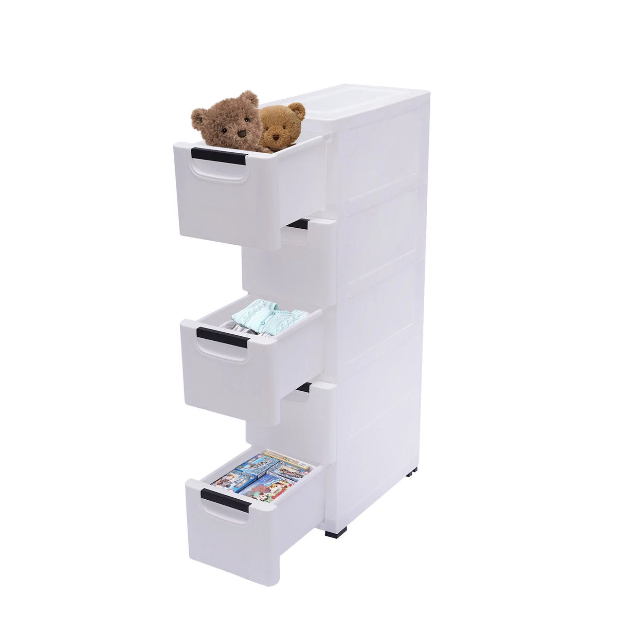 White Narrow Plastic 5 Drawer Dresser with Wheels D941