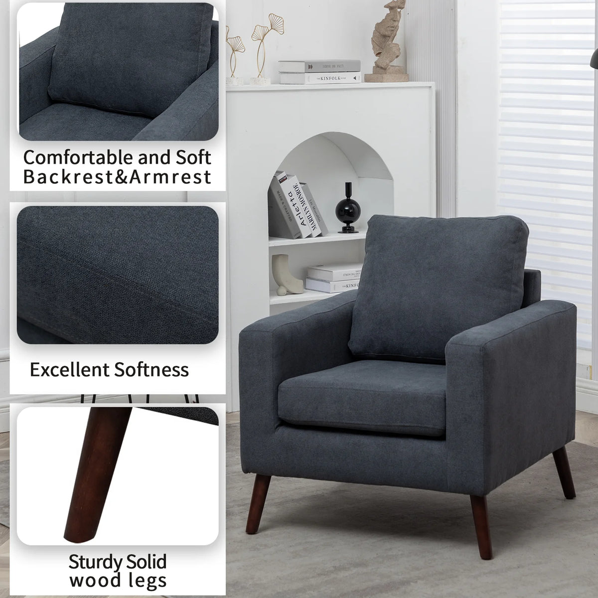 Dark Grey Upholstered Flannel Armchair with Solid Wood Legs J576