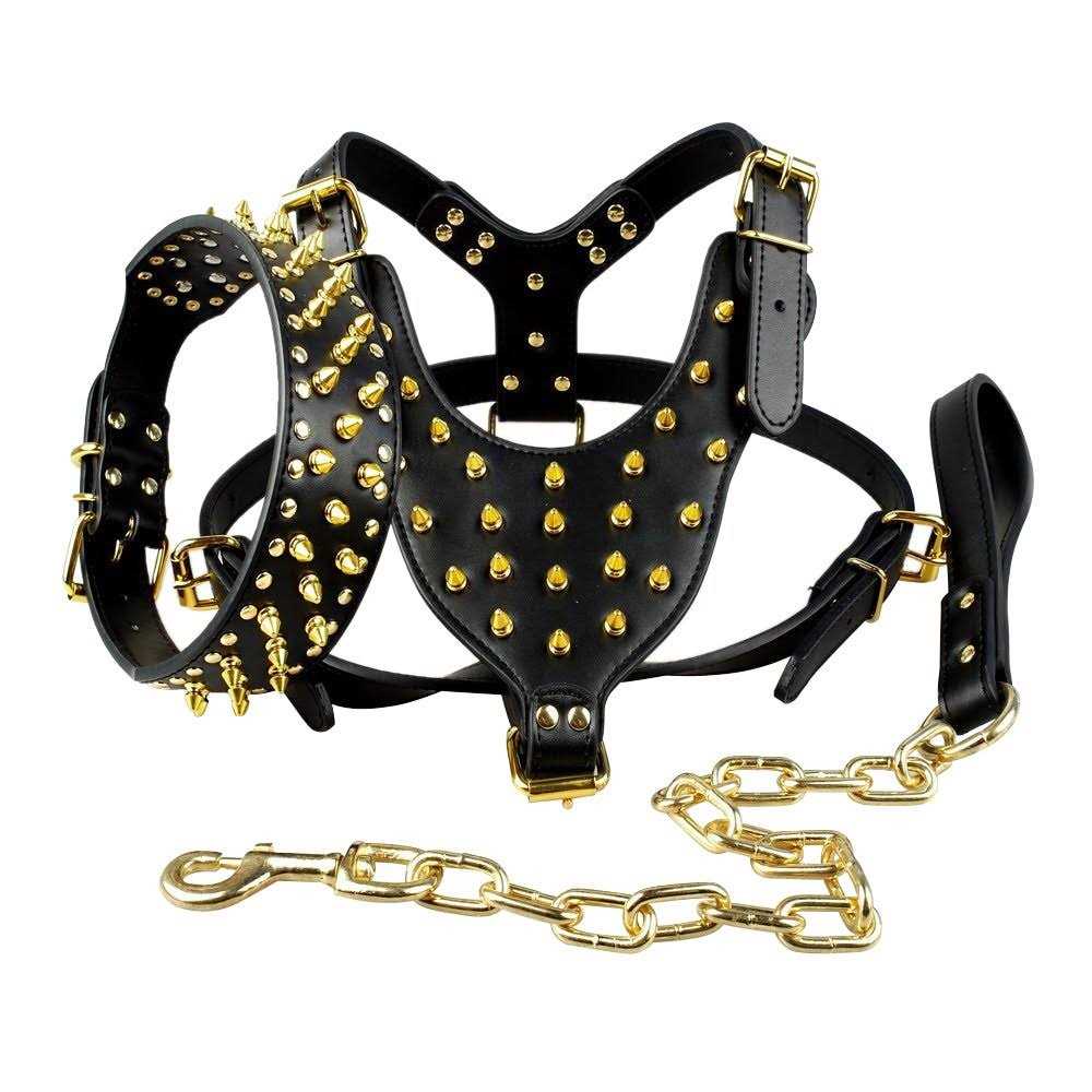 Black Leather Spiked Dog Collar Leash Harness 3 Pcs Set R162345